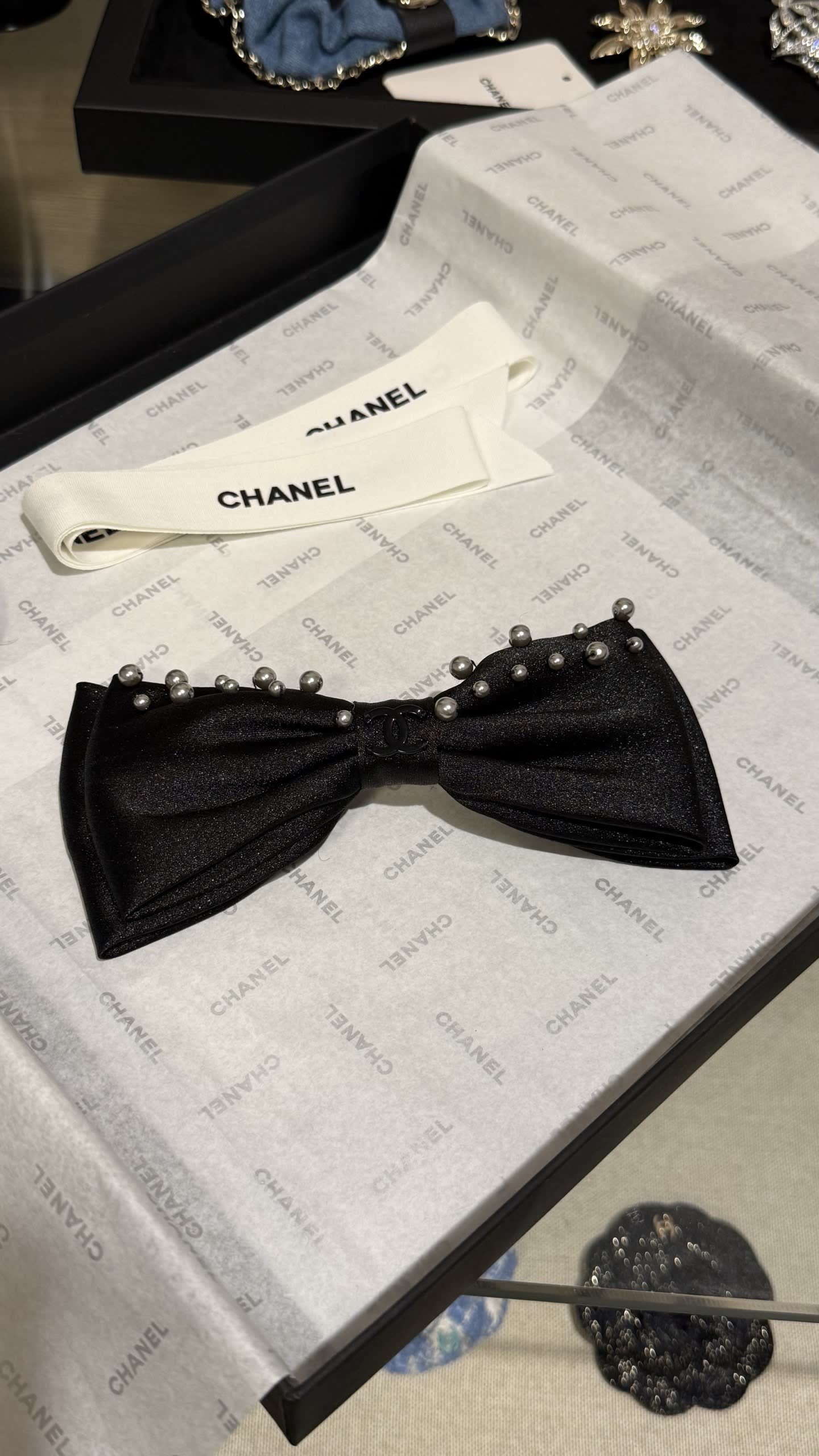 Chanel Black Satin Bow Hair Clip with Pearls